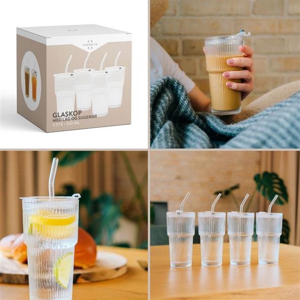 Glaskop med låg og sugerør | 550 ml – 4-pak